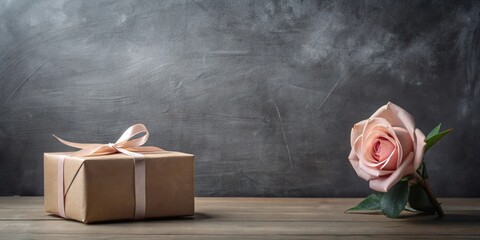 A thoughtful gift presented with a delicate rose on a rustic wooden surface
