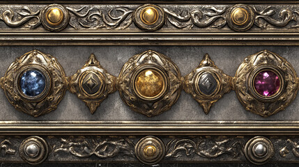Empty circle silver and gold rank frames in medieval style for game ui design. Vector cartoon set of user interface elements, metal border with gems and red, purple buttons isolated on background