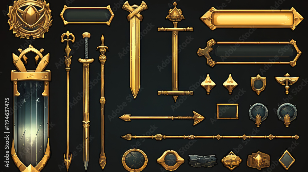 Poster game ui elements with gold frames in medieval style. buttons, banners different shapes, progress bar