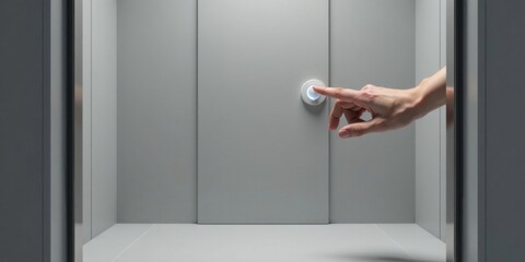 Obraz premium A hand gently presses a luminous button within a minimalist, gray enclosure, signaling a transition or initiating a process