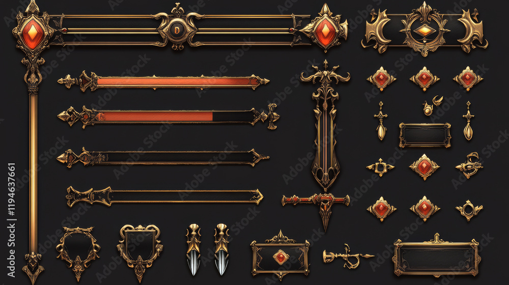 Poster game ui elements with gold frames in medieval style. buttons, banners different shapes, progress bar