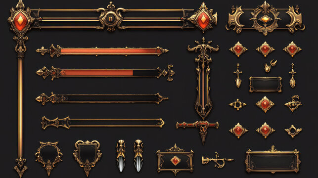 Game UI elements with gold frames in medieval style. Buttons, banners different shapes, progress bar, arrows and sliders with fantasy metal border, vector cartoon set