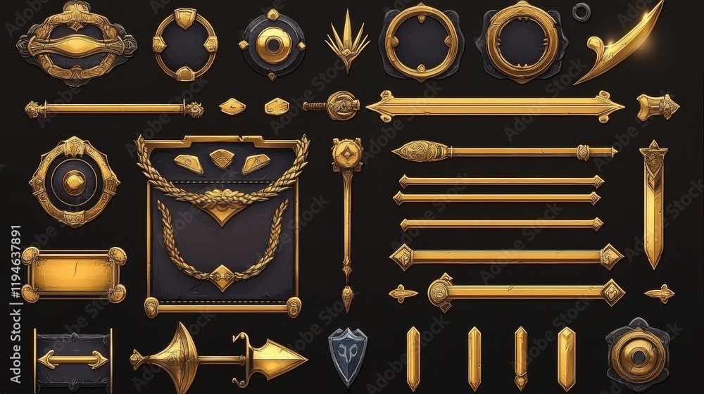 Poster game ui elements with gold frames in medieval style. buttons, banners different shapes, progress bar