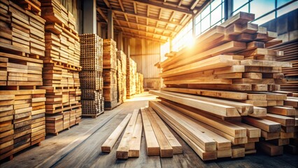 Warehouse Full of Stacked Lumber and Timber Beams Ready for Construction Projects