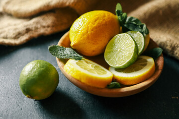 A vibrant arrangement of fresh lemons and limes, both whole and sliced, with sprigs of mint in a wooden bowl on a rustic dark surface. The composition exudes freshness and natural appeal