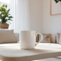 Blank white mug close up mockup on blur living room background.