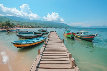 Obraz premium Colorful fishing boats docked at serene beach pier tropical paradise scenic photography bright sunny day relaxing atmosphere