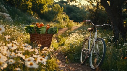 Fototapeta premium Summer Bicycle Ride: Fresh Vegetables and Daisies
