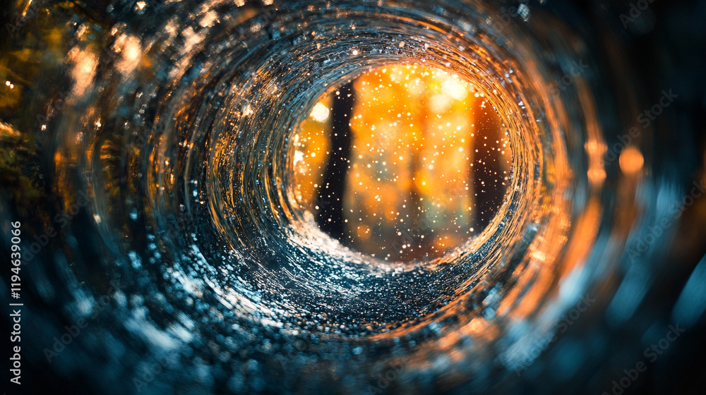 Poster water flowing through a circular tunnel surrounded by sparkling lights in a forest setting