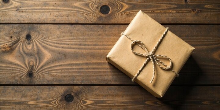 A Rustic Brown Package Tied with Twine Rests on a Weathered Wooden Surface