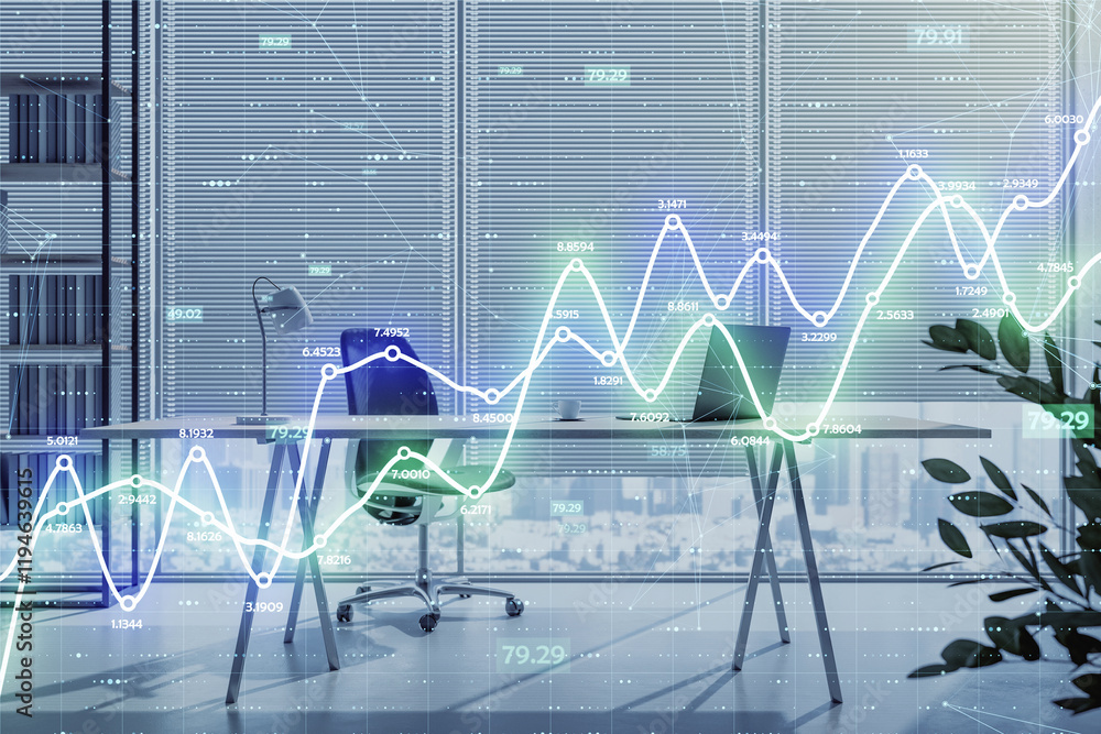 Aufkleber abstract financial data overlay in modern office setting with light background.