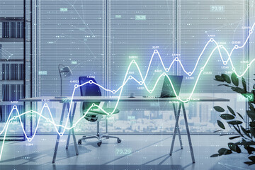 Abstract financial data overlay in modern office setting with light background.