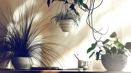 Serene home office scene with various houseplants bathed in sunlight.  A hanging planter, potted plants, and a laptop create a calm and productive workspace aesthetic.