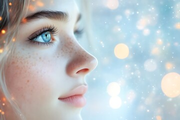 Close-up profile of a freckled girl with blue eyes, dreamy winter bokeh background.