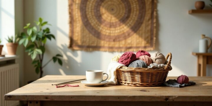 Cozy autumn afternoon crafting session with yarn and a warm beverage on a rustic wooden table