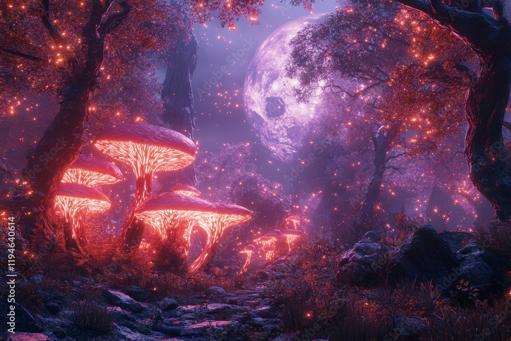 Poster an illuminating scene with vibrant red mushrooms glowing under a full moon, surrounded by twinkling 