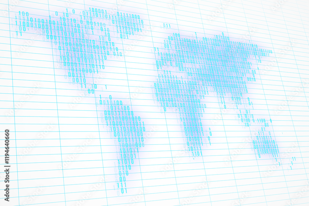 Leinwandbilder Abstract digital world map with binary code on lined background. 3D Rendering