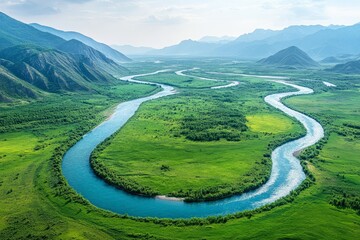 Fototapeta premium An expansive river weaves majestically through wide, untouched landscapes of lush greenery, illustrating the beauty and grandeur of nature's flawless creations.