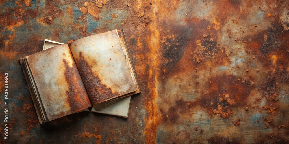 Poster Aged Book Resting on a Rusty Metal Surface with Space for Text
