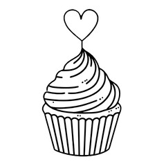 Cupcake with a heart Valentines day Hand drawn doodle line art illustration love elements greeting card decoration 