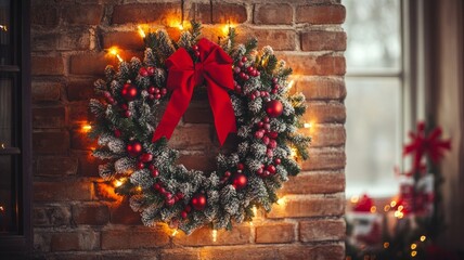 Christmas Wreath with Red Bow on Brick Wall