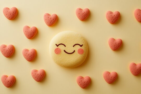 A yellow smiley face with a gentle smile amidst numerous small red hearts on a soft background, depicting an aura of friendliness and tenderness.
