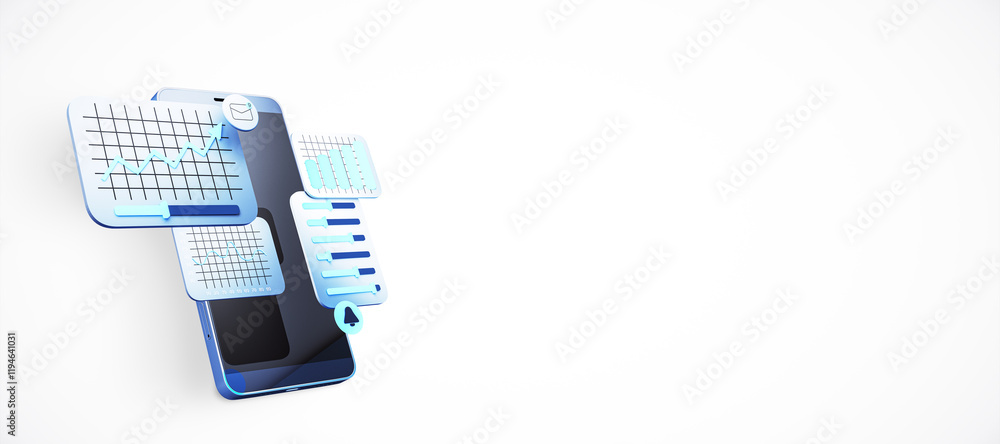 Poster Smartphone with floating analytics and chart icons on white background. Concept of mobile data analysis and business tracking. 3D Rendering