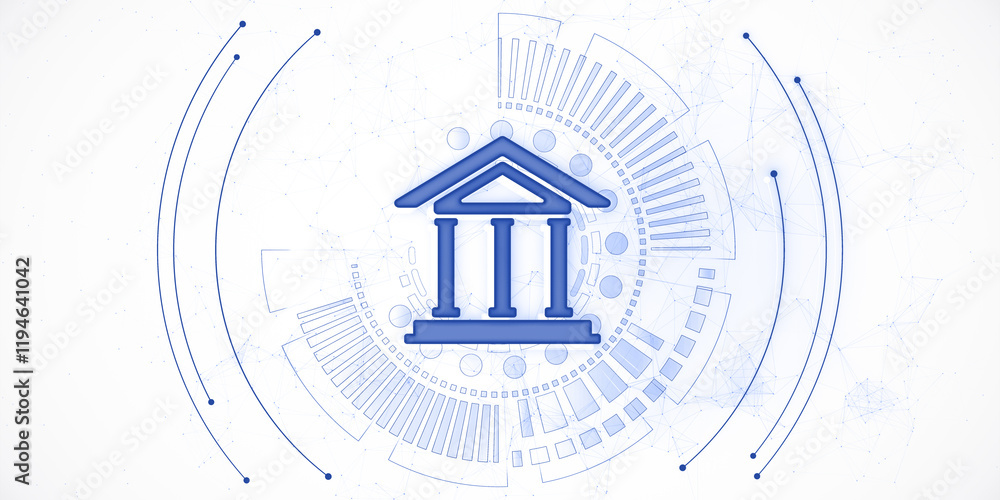Poster Abstract digital rendering of a blue financial institution icon surrounded by futuristic geometric patterns on a light background. 3D Rendering