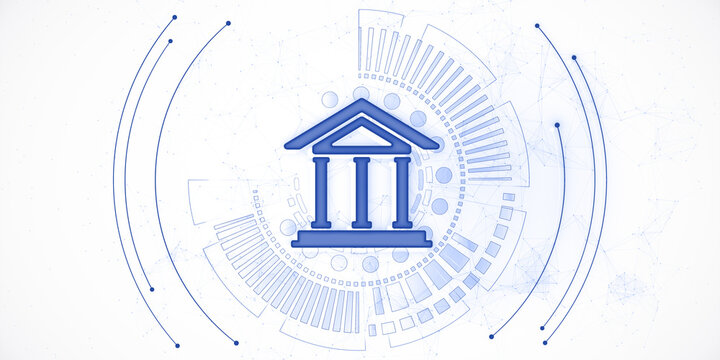 Abstract digital rendering of a blue financial institution icon surrounded by futuristic geometric patterns on a light background. 3D Rendering