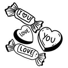 Love candies Valentines day Hand drawn doodle line art illustration love elements greeting card decoration 