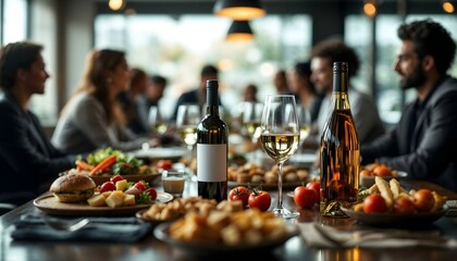 A buffet table at a corporate gathering, providing a range of food and drinks for attendees to enjoy throughout the meeting
