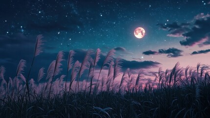 Full moon and Japanese pampas grass in midnight,The harvest Miscanthus sinensis and full moon,beautiful night sky in the countryside with the perfect pink moon exudes beauty in the dark.