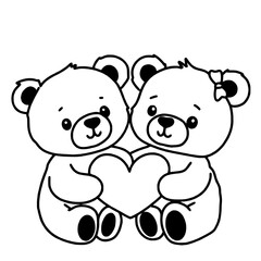 Teddy bears couple Valentines day Hand drawn doodle line art illustration love elements greeting card decoration 