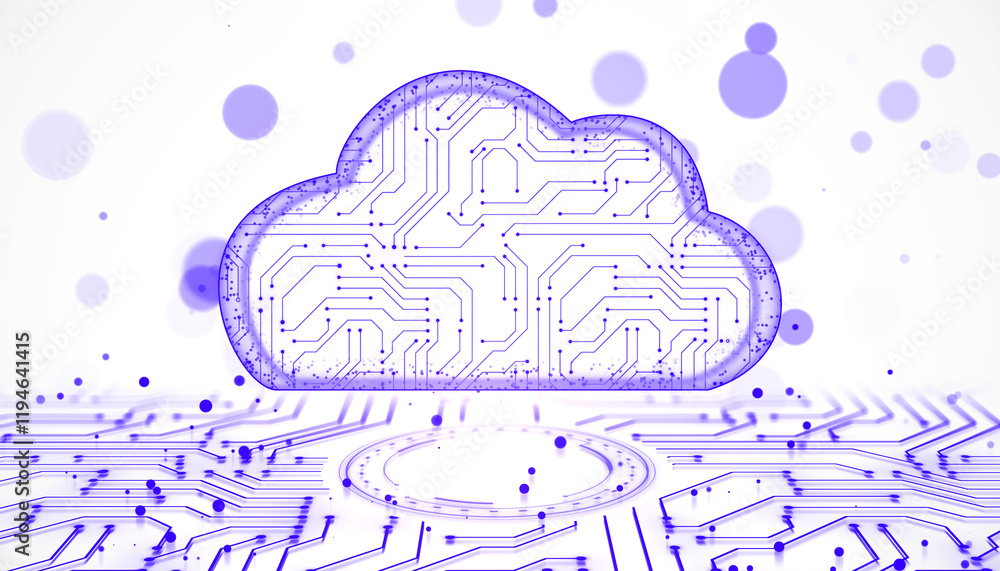 Aufkleber Abstract cloud computing concept with circuit patterns and light particles on white background. 3D Rendering
