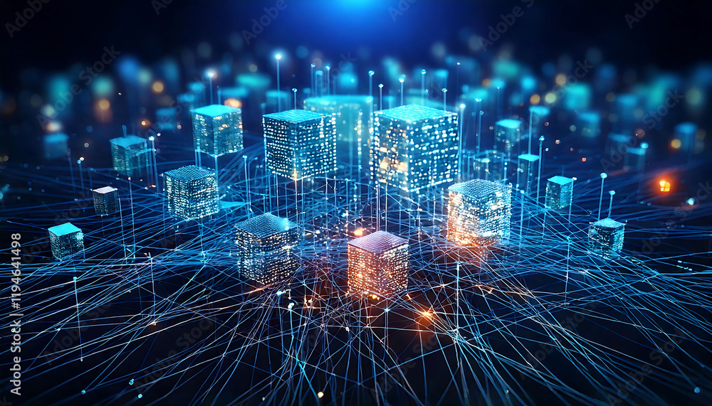 Poster stunning abstract image depicting a futuristic cityscape of glowing data cubes interconnected by a c
