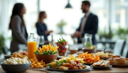 A neatly organized buffet table at an office gathering, featuring a variety of food and drinks for guests © Tahubulat