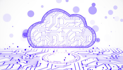 Abstract cloud computing concept with circuit patterns and light particles on white background. 3D Rendering