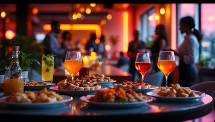A buffet table filled with diverse food and drinks, prepared for a professional office meeting event
