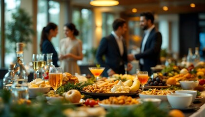 A well-arranged buffet table at an office event, showcasing an assortment of food and beverages for guests