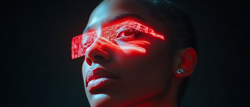 Woman wearing futuristic red digital glasses.