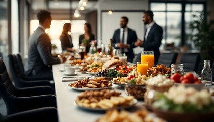 A buffet table set up for an office meeting, featuring a variety of food and drinks for attendees to enjoy
