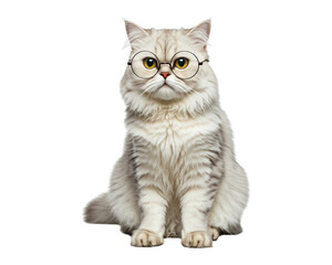 a cute white Persian cat with full body visible, wearing a pair of eyeglasses, on a white background.