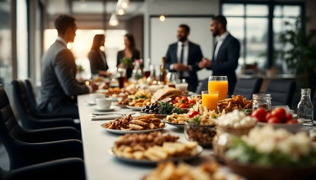 A buffet table set up for an office meeting, featuring a variety of food and drinks for attendees to enjoy