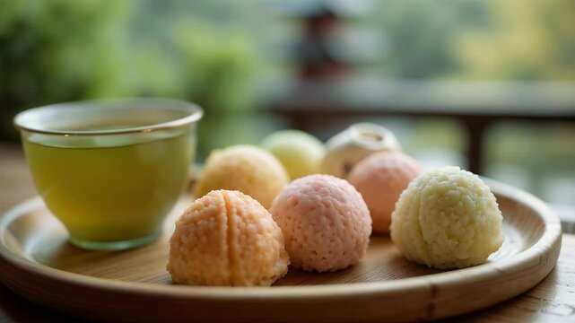 Dulces tradicionales japoneses con t&eacute; verde en una bandeja de madera