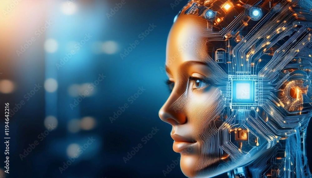 Poster artificial intelligence robot with circuitry, symbolizing technology, innovation, and future.