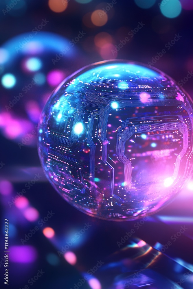 Poster Colorful futuristic orbs illuminated with vibrant lights and intricate circuit patterns in a digital abstract setting