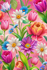 Colorful spring bouquet with daisies and tulips