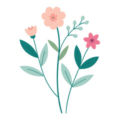 Floral vector illustration of a pink flower bouquet with spring leaves