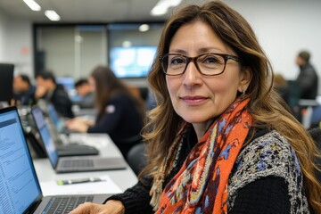 A middle-aged woman with glasses, dressed warmly and wearing a colorful scarf, is working on a laptop in a classroom setting, showing diligence and participation.