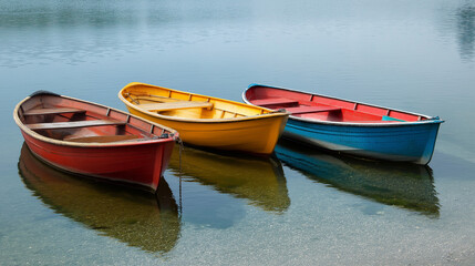Naklejka premium Boats on Clean Blue Sea with Clear Horizon and Sunny Calm Waters